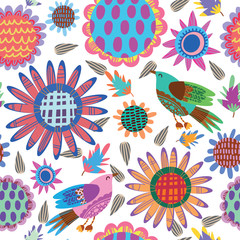 Seamless pattern with sunflowers and birds