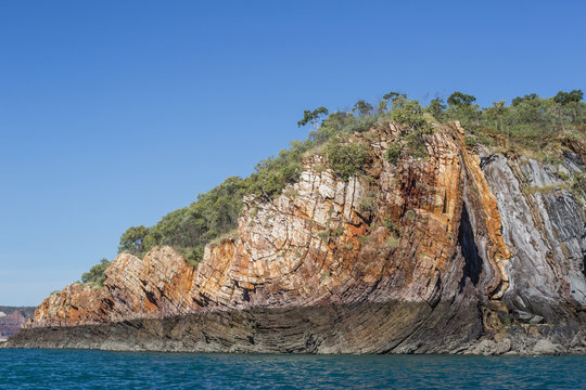 The 1.7 billion year old Elgee sandstone cliffs in Yampi Sound, Kimberley, Western Australia