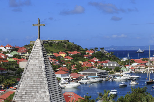 Elevated view, Catholic church, Fort Oscar and harbour, Gustavia, St. Barthelemy (St. Barts) (St. Barth)