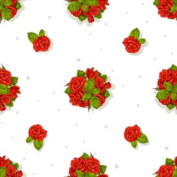 Big seamless pattern of a romantic bouquet of red roses and diam
