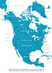 North America map - highly detailed vector illustration.Image contains land contours, country and land names, city names, water object names, navigation icons.