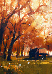 old travelling van in beautiful autumn forest,digital painting