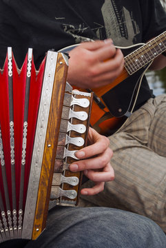 Accordion, ethnic group of musicians, River Emajogi, Tartu, Estonia, Baltic States