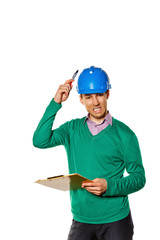 Architect holding a checklist. Builder has a pen on the helmet i