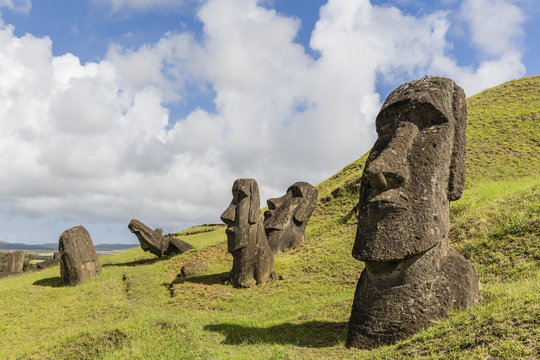 Moai sculptures in various stages of completion at Rano Raraku, the quarry site for all moai on Easter Island, Rapa Nui National Park, Easter Island (Isla de Pascua), Chile