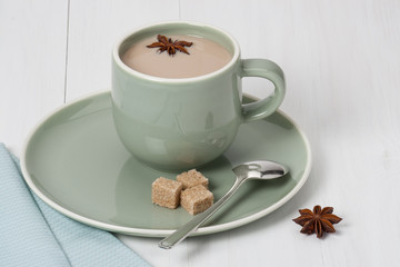 Cup Of Coffee, Cocoa or Tea With Milk And Spices. Old Silver Spo