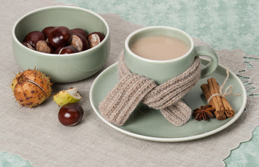 Autumn Concept. Cup Of Hot Coffee, Cocoa or Tea With Milk And Sp