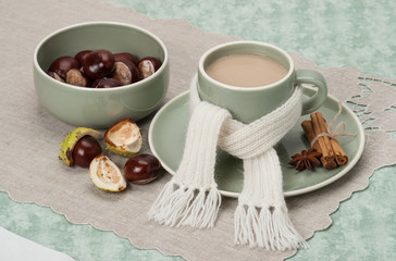 Autumn Concept. Cup Of Hot Coffee, Cocoa or Tea With Milk And Sp
