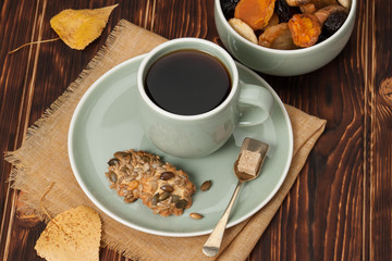 Autumn Concept. Cup Of Tea Or Coffee. Dried Fruits. Cookies With