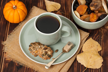 Autumn Concept. Cup Of Tea Or Coffee. Dried Fruits. Cookies With