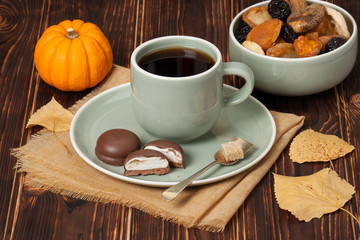 Autumn Concept. Cup Of Tea Or Coffee. Dried Fruits. Chocolate Sw