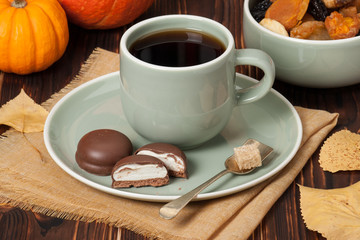 Autumn Concept. Cup Of Tea Or Coffee. Dried Fruits. Chocolate Sw
