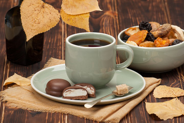 Autumn Concept. Cup Of Tea Or Coffee. Dried Fruits. Chocolate Sw
