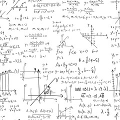 Mathematical vector seamless pattern with geometrical figures, plots and equations, handwritten lecture on copybook paper. Endless math texture. 