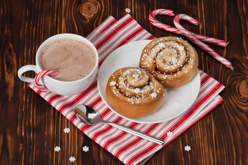 Hot Chocolate Drink. Cinnamon Swirls. Christmas Sweets. Wooden B