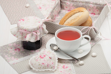 Shabby Chic. Handmade Heart, Napkins, Table Cloth, Tray. Cup Of