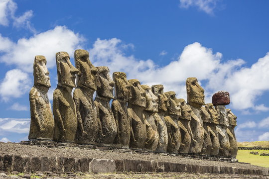 Fifteen moai at the restored ceremonial site of Ahu Tongariki on Easter Island (Isla de Pascua) (Rapa Nui), Chile