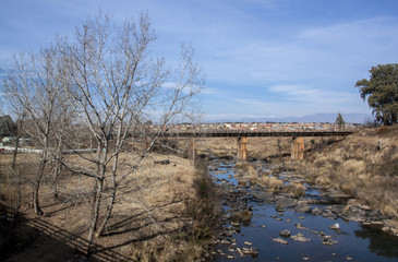 Fototapeta na wymiar Tree-Lined River with Bridge and Residential Township in Backgro