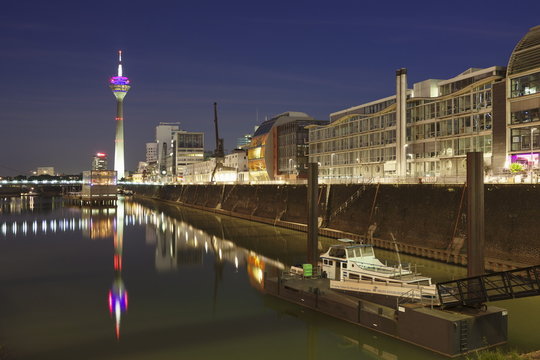 Rheinturm tower at Media Harbour (Medienhafen), Dusseldorf, North Rhine Westphalia, Germany