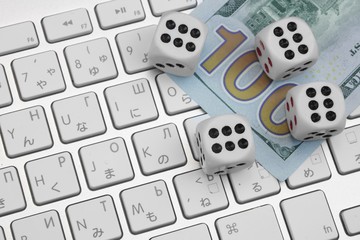 Close-up Of Computer Keyboard With Gaming Dices