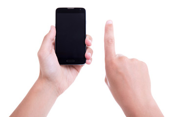 male hands using mobile smart phone with blank screen isolated o