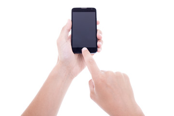 male hands taking photo with mobile smart phone with blank scree