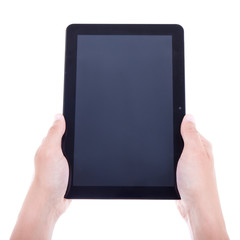 modern tablet pc with blank screen in male hands isolated on whi