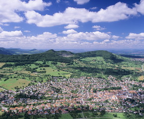 View from Hohenneuffen Castle to the Albtrauf and Beuron, Swabian Alb, Baden Wurttemberg, Germany