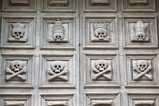 Door with skulls, Purgatory Church, in the Sassi area of Matera, Basilicata