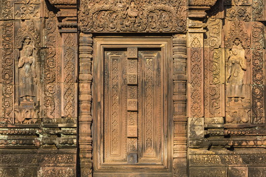 Bas-relief at Banteay Srei Temple in Angkor, Siem Reap Province, Cambodia 