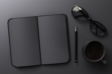 Black blank notebook, cup of coffee and glasses, mock up