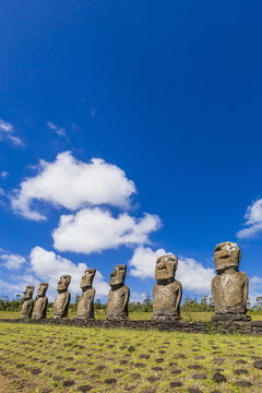 Seven Moai at Ahu Akivi, the first restored altar on Easter Island (Isla de Pascua) (Rapa Nui), Chile