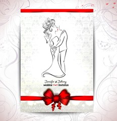 Elegant bride and groom silhouettes with a bright red ribbon