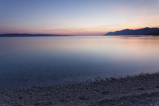 Sunset at the beach of Baska Voda, Makarska Riviera, Dalmatia, Croatia