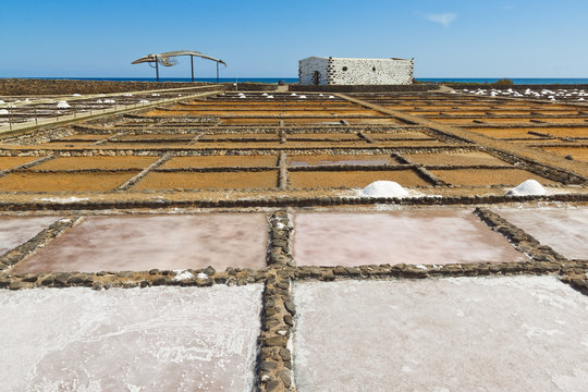 Salt pans still in use at El Carmen Salinas and Salt Museum on the east coast, Caleta de Fuste, Fuerteventura, Canary Islands, Spain