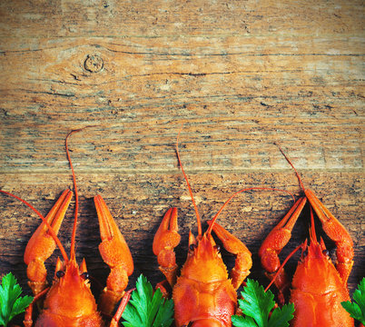 Boiled crayfish on a wooden background.