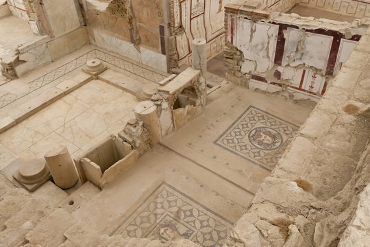 Elevated view of mosaics, murals and frescoes in a Terrace House, Curetes Street, Ephesus, near Kusadasi, Anatolia, Turkey Minor