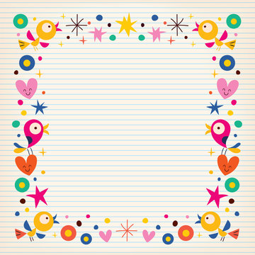 birds hearts happy border on lined paper background