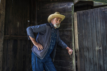 Naklejka premium Senior farmer or farmhand in a barn