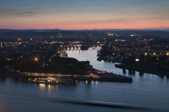 Mosel and Rhine rivers converge at Deutsches Eck, Koblenz, Rhineland-Palatinate, Germany
