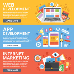 Web development, mobile apps development, internet marketing flat illustration concepts set