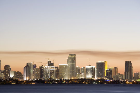 Miami downtown skyline at dusk, viewed from Julia Tuttle causeway, Miami, Florida
