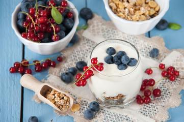 Healthy yoghurt with fruits for breakfast