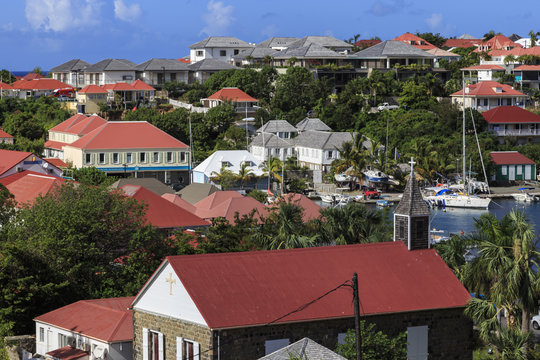 Elevated view of Anglican church and harbour, Gustavia, St. Barthelemy (St. Barts) (St. Barth)