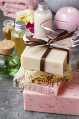 Spa set: sea salt, bars of handmade soap and liquid soap.