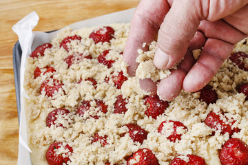 Fototapeta na wymiar Strawberry cake with streusel (a crumbly topping of flour, butte