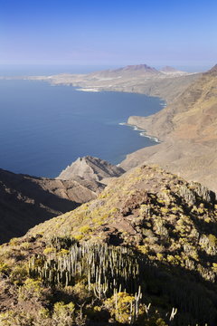 Rocky coastline, Anden Verde, West Coast with Puerto de las Nieves and Faneque Mountain, Tamadapa Natural Park, Gran Canaria, Canary Islands, Spain, Atlantic