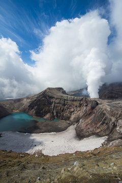 Steaming fumarole on the Gorely volcano, Kamchatka, Russia