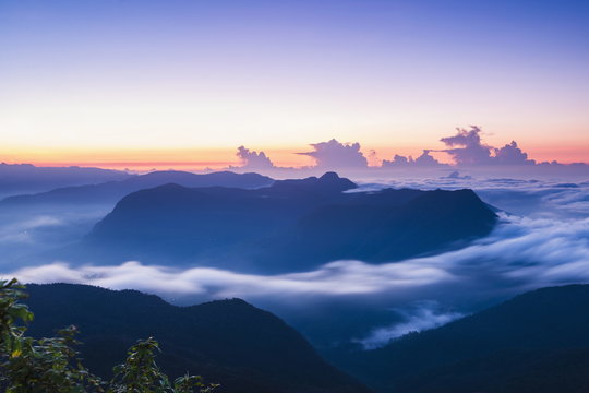 View of mountains from the 2443m summit of Adams Peak (Sri Pada) at sunrise, Central Highlands, Sri Lanka