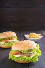 Delicious homemade hamburger with french fries on wooden desk.